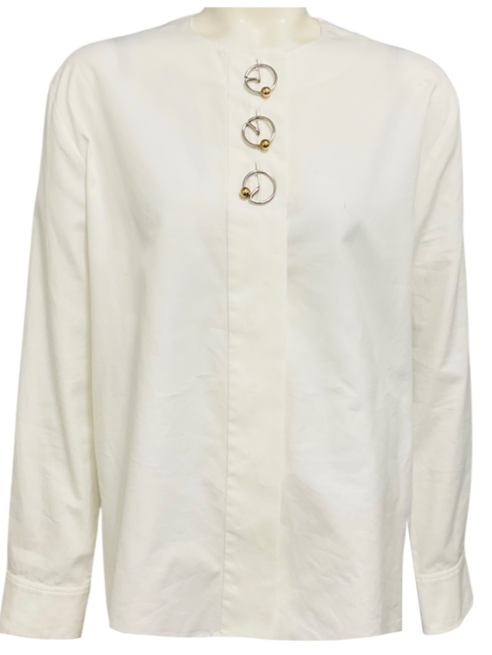 BALENCIAGA WHITE LONG SLEEVED COTTON BLOUSE WITH RINGS